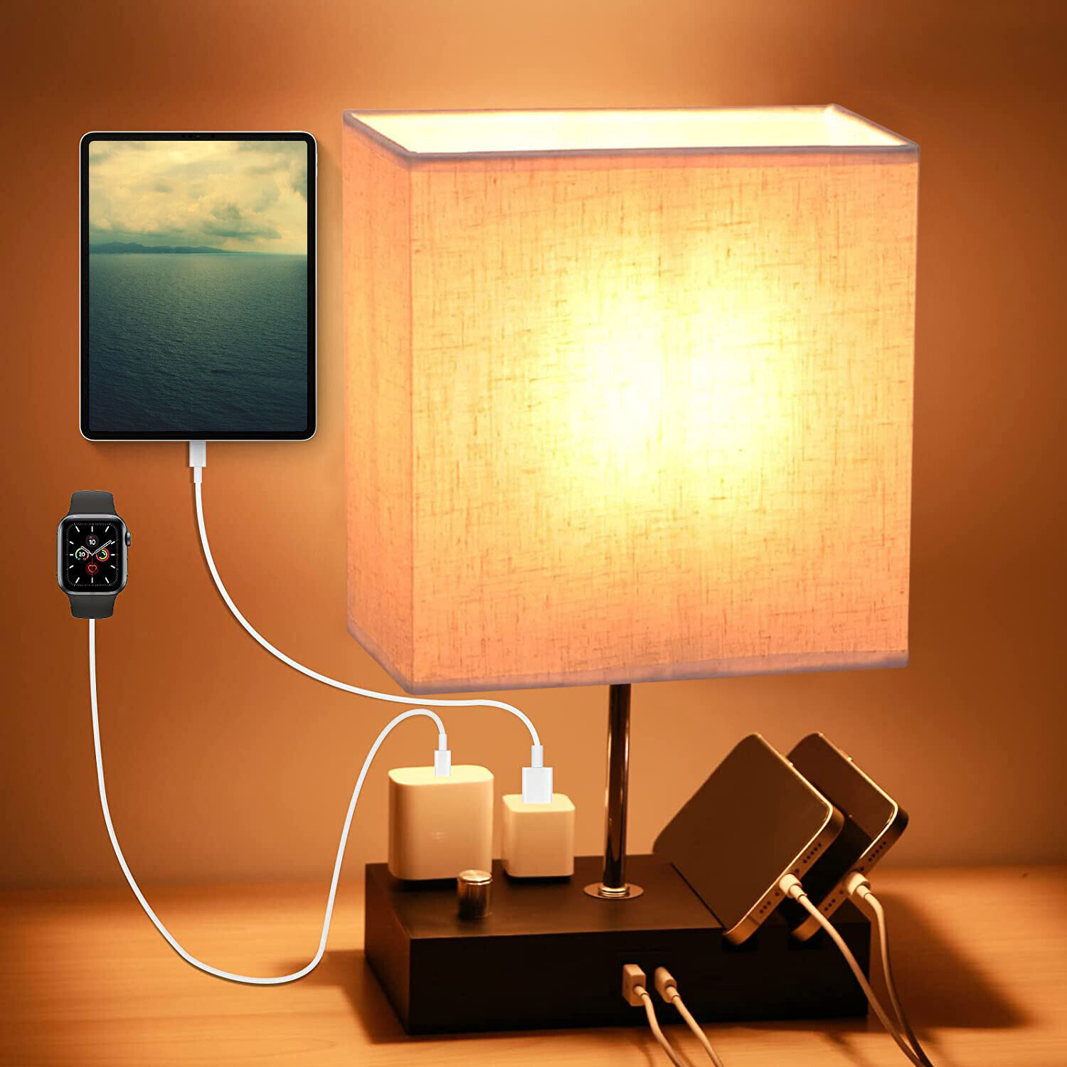 Modern Dimmable Table Desk Room Bedside Lamp w/ Dual USB Ports & Power Outlets