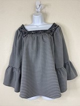 Entro Womens Size M Gray Striped Embroidered Square Neck Top Bell Sleeve - $9.26