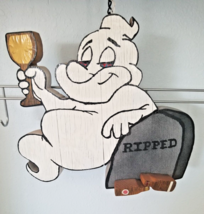 Wood Sign Halloween Ripped Wine Bottle Ghost Wine Glass Stave Head Stone Hanging - £39.38 GBP