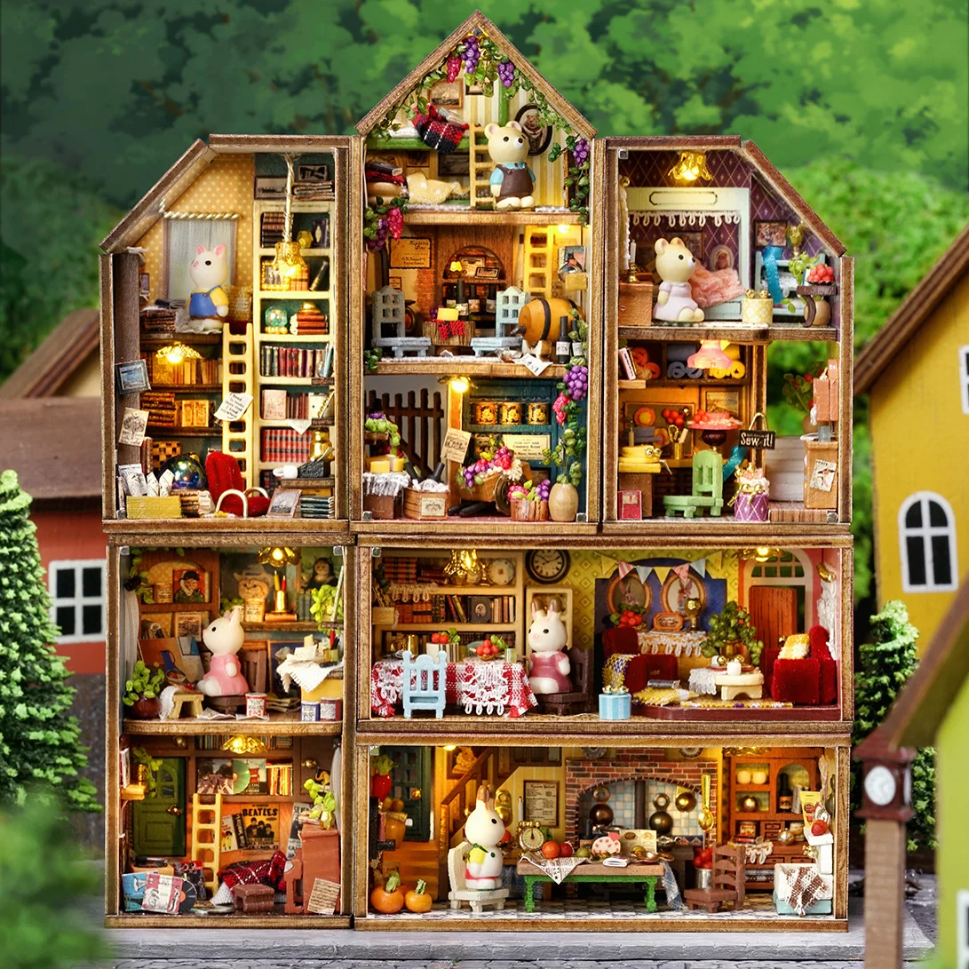 New DIY Mini Rabbit Town Casa Wooden Doll Houses Miniature Building Kits With - £17.66 GBP+