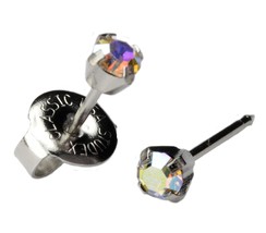 Silver Ear Piercing Earrings 3mm Rainbow Crystal Stud Stainless Studex System 75 - £7.18 GBP