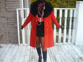 Red Suede leather &amp; black Shearling Fur Coat jacket S-m - $692.99