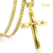 Gold Stainless Steel Necklace With Cross Fast Free Shipping Brand New  - £9.56 GBP
