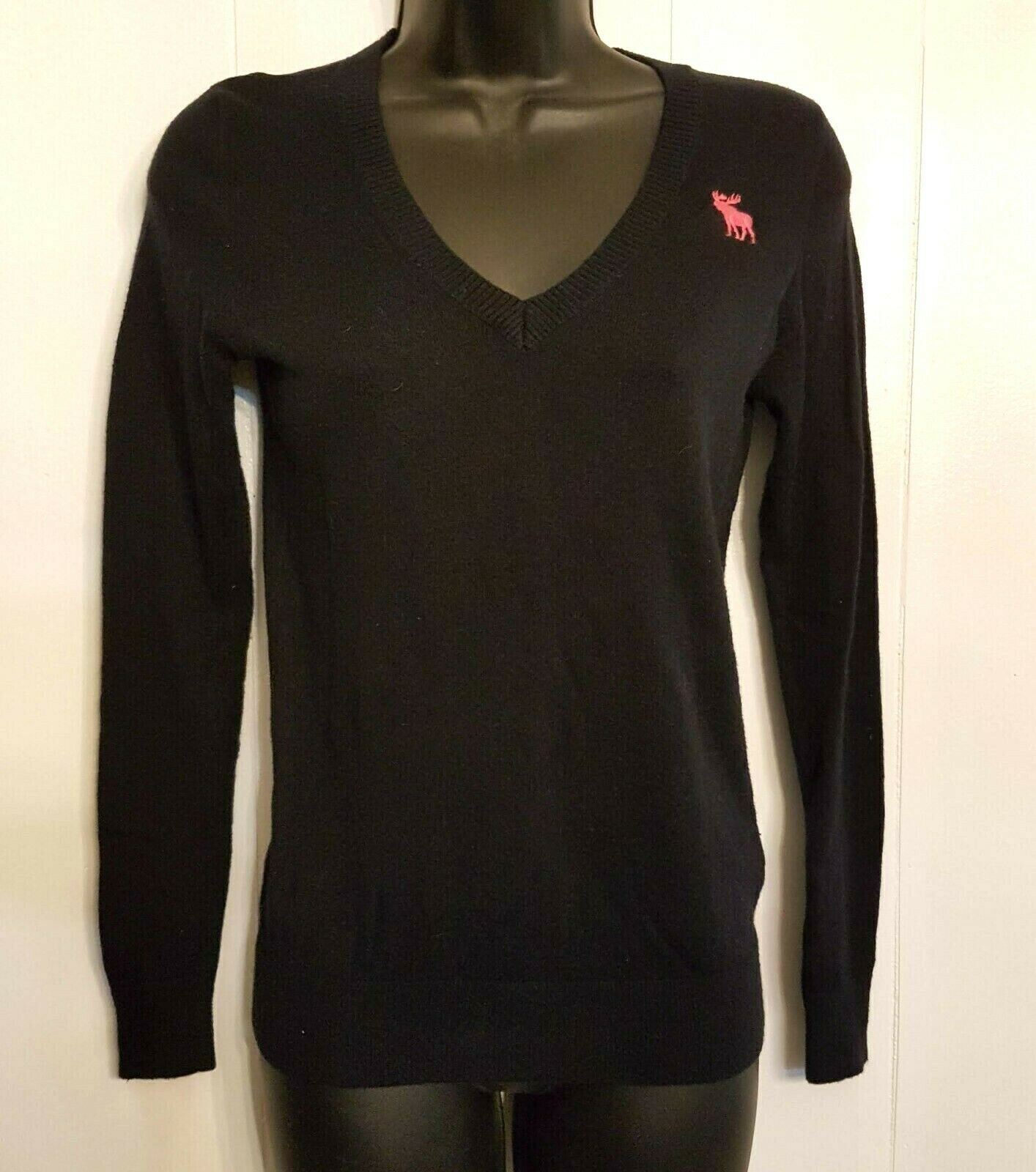 Abercrombie Kids Sweater Black Cotton Blend Knit Top size Large Girls Pink Moose - £14.73 GBP