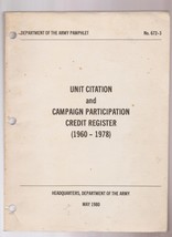 Dept. Of The Army Unit Citation &amp; Campaign Participation Credit Register... - £11.99 GBP