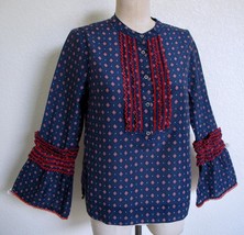 J CREW Embroidered Bell-Sleeve Popover Blouse Top in Foulard Print Blue Red - £14.38 GBP