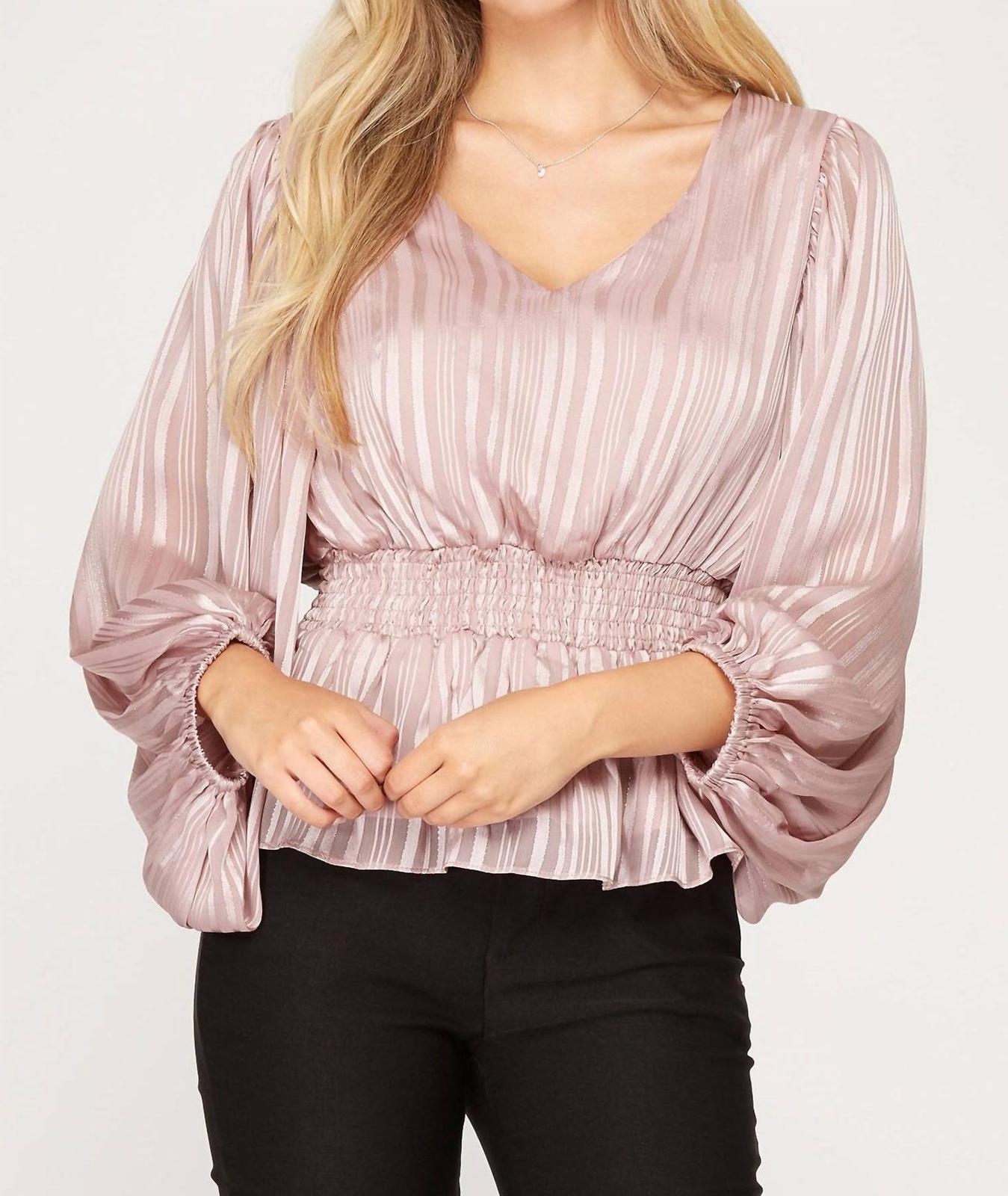 She + Sky Woven Striped Jacquard Smocked Long Sleeve Top Size L - $41.58