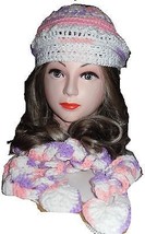 HAT&amp; Scarf Set - Variegated Pink-Lavender-White Curly scarf - Hand Made &quot;Emily&quot; - £19.35 GBP
