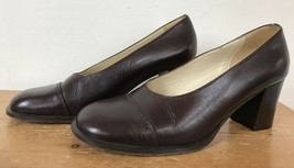 J Crew Italy Brown Leather Chunky Block High Heel Round Cap Toe Pumps 8.... - £23.91 GBP