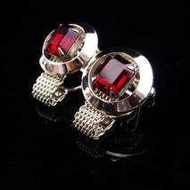 Vintage red Cufflinks / Silver mesh wrap / valentines gift for men / vintage men - £75.93 GBP