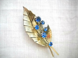 Vintage PRE-OWNED Silvertone Leaves - Leaf &amp; Cobalt Blue Rhinestones Brooch Pin - £8.03 GBP