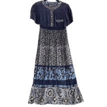 Carole Little Petite 4 Navy Blue Velvet Rayon Paisley Short Sleeve Tiered Dress - £22.94 GBP