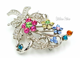 Rhinestone Flower Brooch Retro Pink and Blue Floral Pin - £15.15 GBP