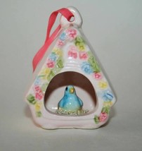 Vintage Schmid Japan Pink Birdhouse Ornament with Blue Bird on Nest #1576 - £38.60 GBP