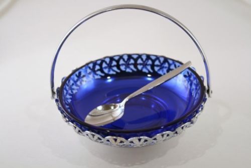 Pierced Chrome/Silver Condiment Basket with Cobalt Glass Bowl Liner  #499 - $40.00