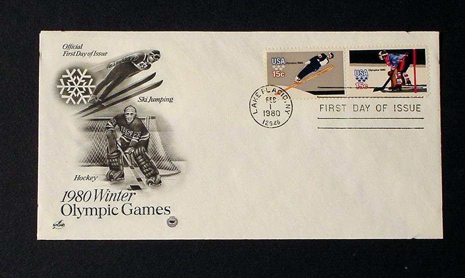 NRMT FDC 1980 WINTER OLYMPICS 2 15 CENT STAMPS USA ICE HOCKEY & SKI JUMPING - $3.99