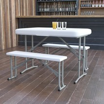 Flash Furniture&#39;S Three-Piece Plastic Folding Bench And Table Set Is Portable. - £98.26 GBP