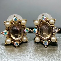 Nina Ricci For Avon Signed Pierced Earrings Imitation Pearls Rhinestones Accent  - £14.97 GBP