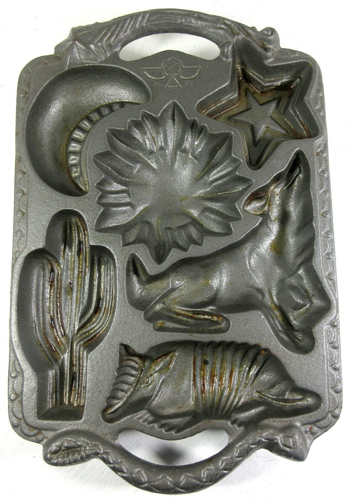 John Wright 1988 Cast Iron Muffin Cookie Mold Southwest Cactus Coyote Sun Moon - $54.40