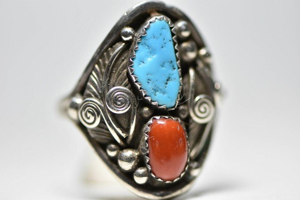 Turquoise ring Coral band sterling silver women men Size 10.75 Item image 7