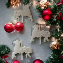 3 Carousel Horse Glittery Ornaments Lot Sparkly Acrylic Christmas White Vintage  - £15.55 GBP
