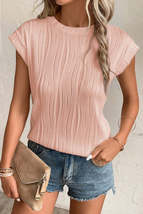 Pink Solid Color Wavy Textured Cap Sleeve Top - £18.63 GBP