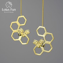 Gold Unusual New Honeycomb and Bee Long Hanging Dangle Earrings for Women 925 St - £37.67 GBP