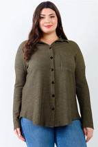 Plus Size Olive Green Ribbed Long sleeve Collared Button Up Shirt Top - £27.94 GBP