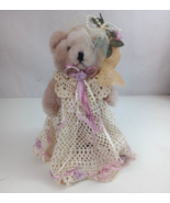 Vintage Jointed Teddy Bear With Lace Floral Dress &amp; Hat On Wooden Stand ... - $27.06 CAD
