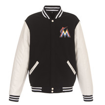 MLB Miami Marlins Reversible Fleece Jacket PVC Sleeves 2 Front Logos JH Design - £96.50 GBP