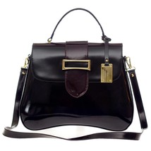 AURA Italian Made Genuine Black &amp; Brown Patent Leather Purse Handbag with Buckle - £306.48 GBP