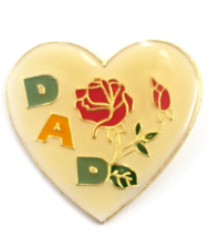 VTG I Love DAD Father Heart Rose Flowers Gold Tone Enamel Lapel Pin Fathers Day - $12.99