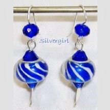 Blue white pandora style ss lampwork beaded earrings thumb200