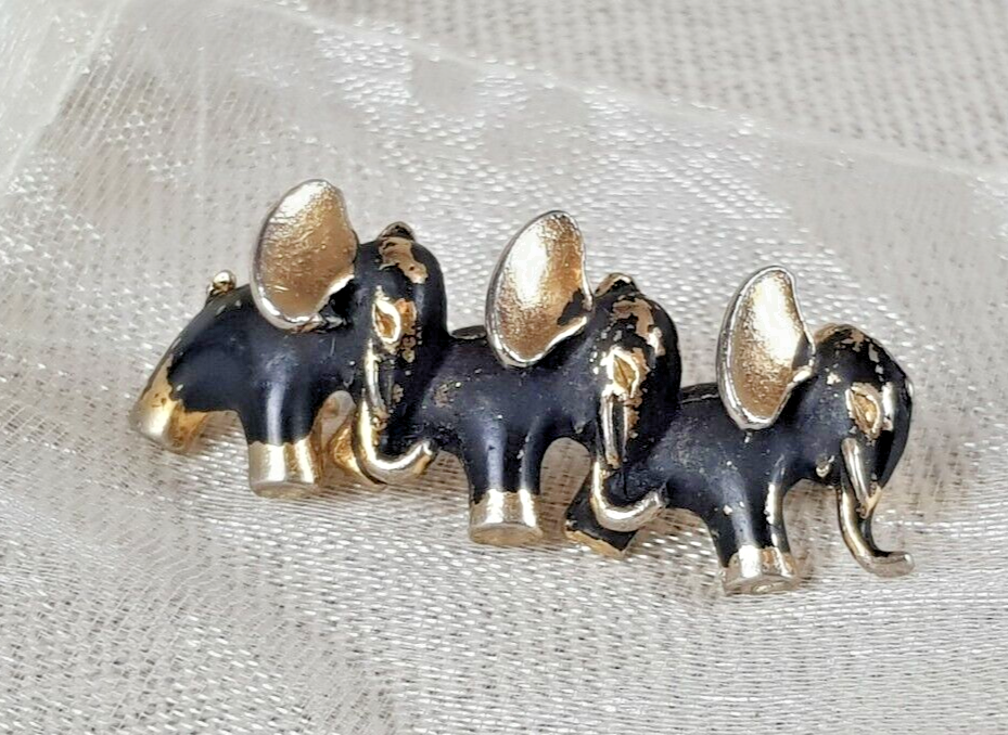 Vintage Gold Tone &amp; Grey Elephant Trio Brooch. - $21.17