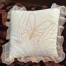 Butterfly Needlepoint Decorative Pillow Granny Cottage core Ivory Coral Lace Vtg - £19.44 GBP