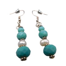 Pierced Artisan Earrings Freshwater Pearl Teal Blue Dangle Sparkly Beads - $7.92