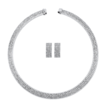 Princess Cut Crystal Drop Earrings Open Collar Necklace Set Silvertone - £79.82 GBP