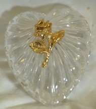 Italian Hand Cut Lead Crystal Heart Trinket Box Gold Tone Applied Rose Italy - £15.81 GBP