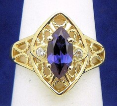 Simulated Alexandrite and Diamond Ring REAL Solid 14k Yellow Gold 4.0 g Size 6.5 - £430.85 GBP