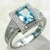 3 Ct Simulated Aquamarine &amp; Diamond Engagement Ring 14K White Gold Plated Silver - £68.43 GBP