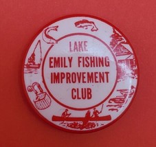 LAKE EMILY Wisconsin Fishing Improvement Club Vintage Pin Button Red &amp; W... - $19.60
