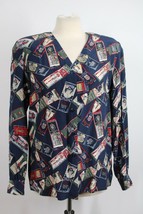 Vtg Liz Claiborne 6 100% Silk Postcard Match Book Travel Hotel V-Neck Top Shirt - £21.21 GBP