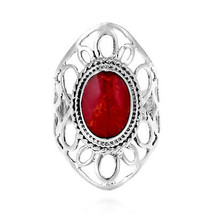 Splendid Flower Red Coral Inlay .925 Silver Ring-7 - £15.65 GBP