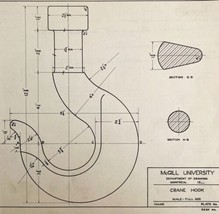 McGill University Crane Hook 1965 Mechanical Drawing Print Engineering D... - £23.58 GBP