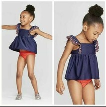 Cat &amp; Jack Navy Blue Red White Embroidered Ruffle Tank 2 Piece Girl Swimsuit 3t - £11.07 GBP