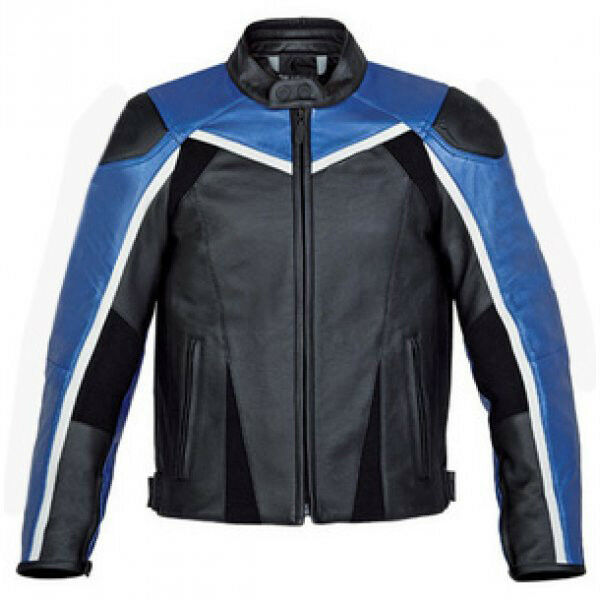 Men Black Blue Cont Motorcycle White Stripe Real Leather Jacket With Safety Pads