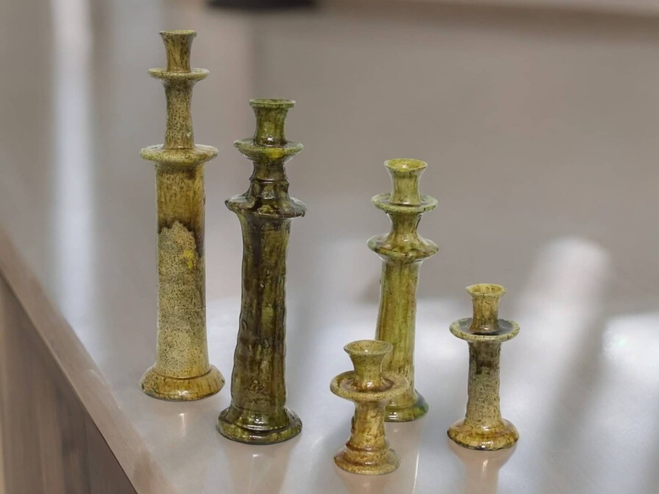 Set of 3 Handcrafted Tamegroute Ochre Candlestick Holders - Vintage Ceramic - $224.56+