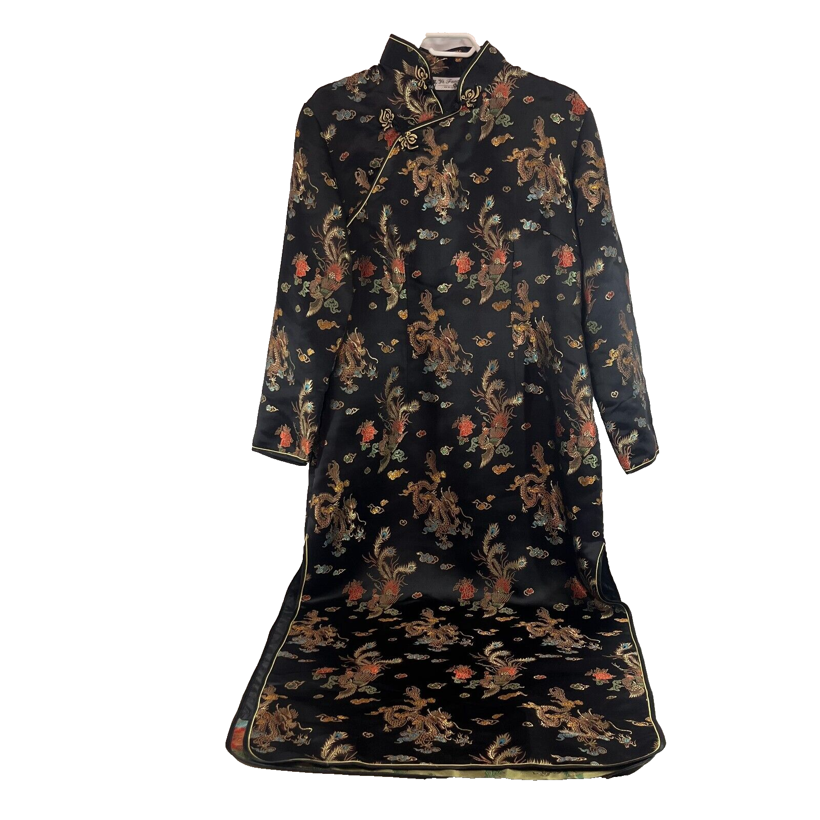 Primary image for Yi Fang Asian Cheongsam Dress Women Black Embroidered Dragon Peacock Side Slit