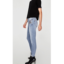 Zara Floral Embroidered Ankle Cropped Distressed Raw Hem Jeans Size 2 - £35.39 GBP