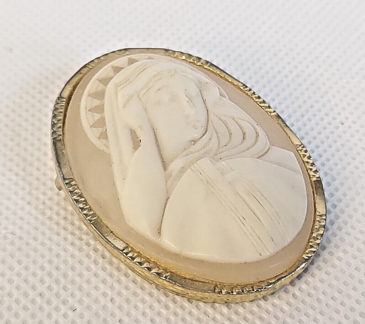 Vintage Virgin Mary / Madonna Carved Shell Cameo Brooch - $124.97